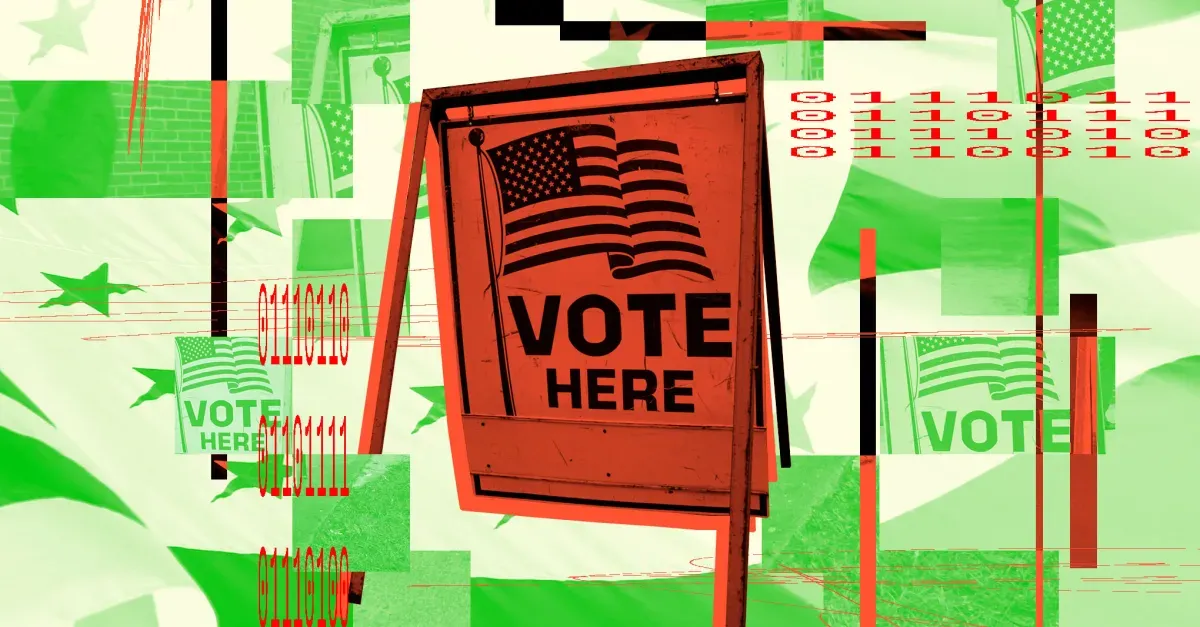 Graphic photo illustration of a voting sign that reads “Vote here”.