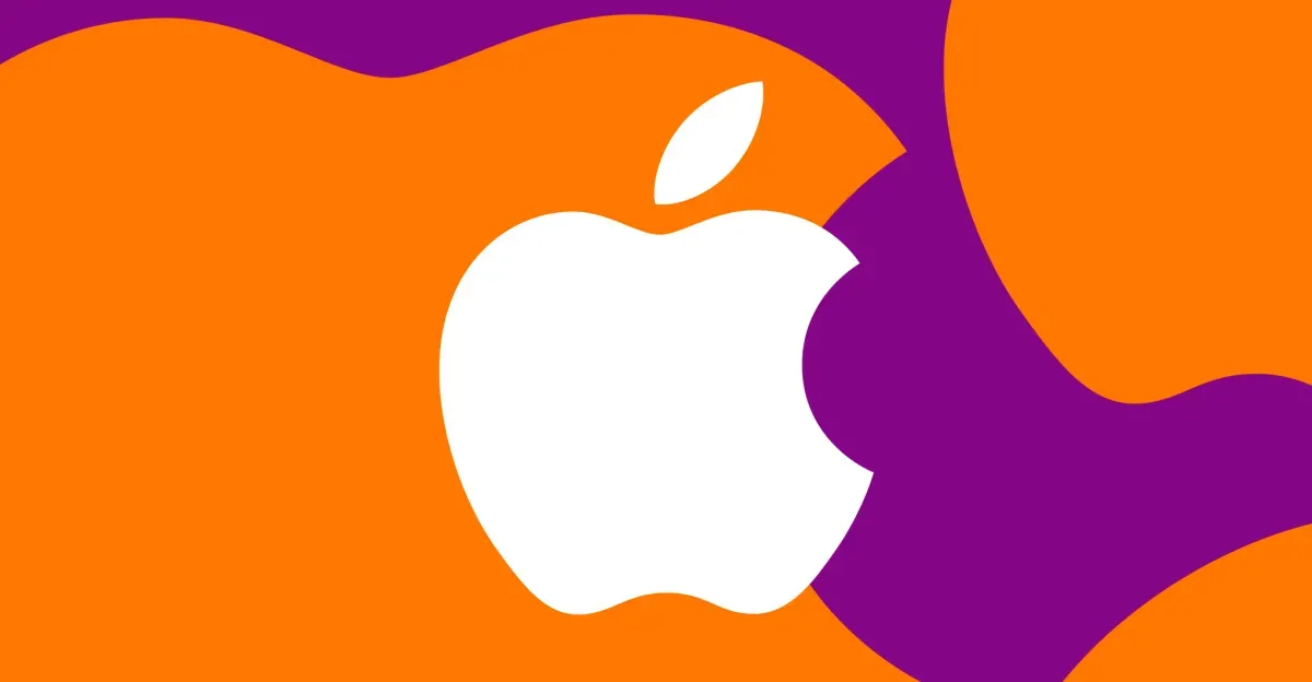 An illustration of the Apple logo on an orange and purple background