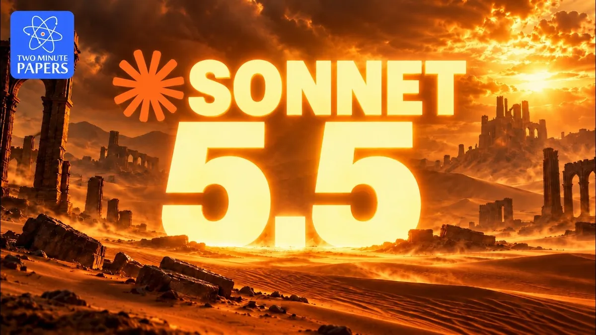 Illustration from Two Minute Papers: Anthropic's Sonnet 5.5 nears frontier scores at one-fifth of Fable 5.1's per-token price, but uses far more tokens per task