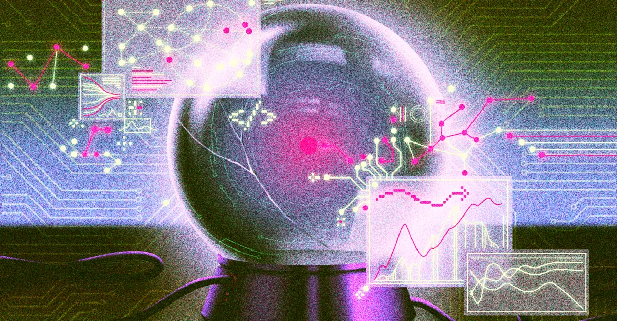 Crystal ball surrounded by graphics evoking statistics, research, and evaluation.
