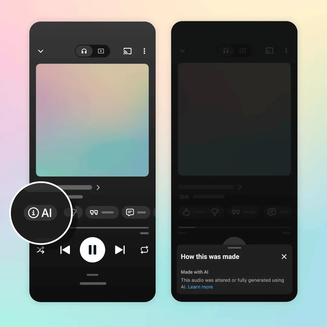 Illustration from TechCrunch: YouTube Music adds three-tier AI labels to songs but keeps AI tracks eligible for monetization