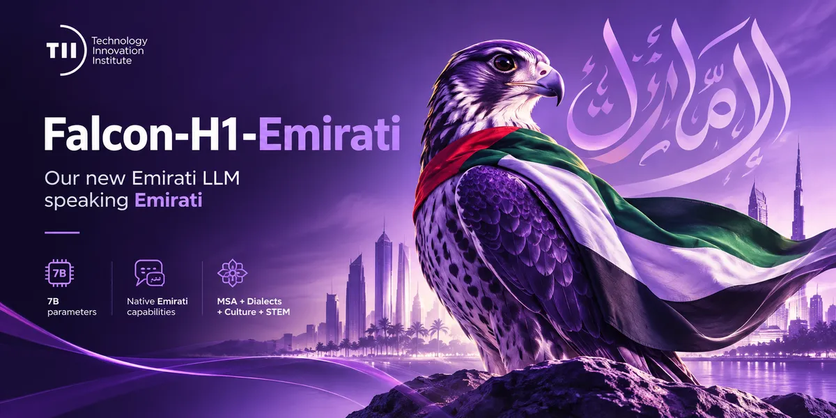 Illustration from Hugging Face: TII's Falcon-Emirati-7B targets Emirati Arabic, but its edge rests on TII's own tests