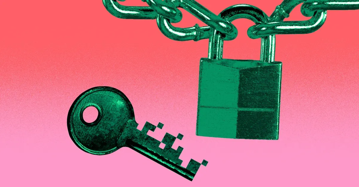 Illustration of a pixelated key next to a padlock and chain, implying online data security.