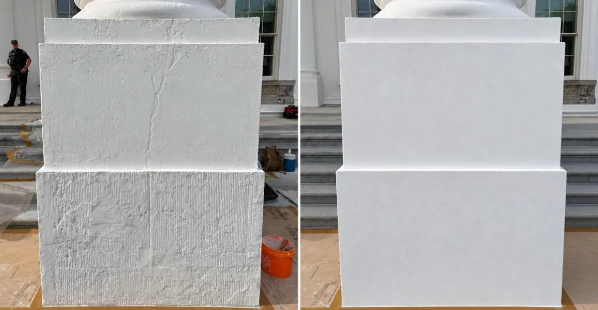 A before and after photo of a White House column that appears to be edited with AI