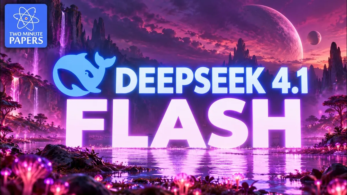 Illustration from Two Minute Papers: DeepSeek releases V4.1-Flash-1017 open-weight update, scoring 45 on Artificial Analysis index at $0.26 per task