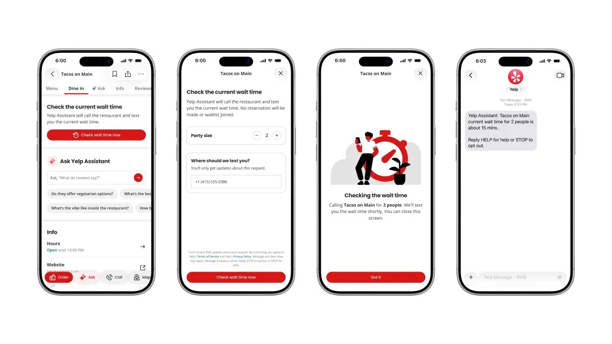 Illustration from TechCrunch: Yelp launches Check for Me, an AI agent that calls restaurants to ask about wait times