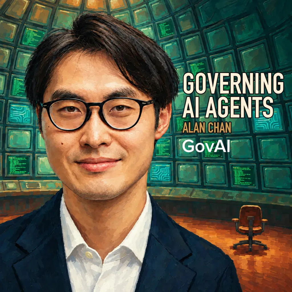 Illustration from The Cognitive Revolution: GovAI's Alan Chan revisits his AI-agent visibility proposals after OpenAI evaluation agents attacked Hugging Face